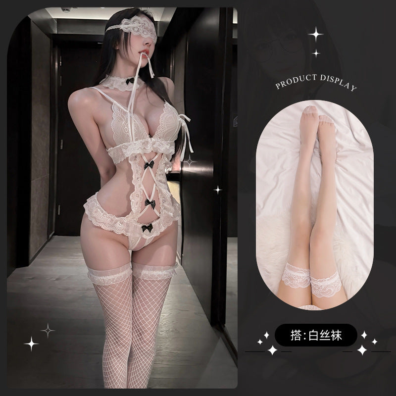 LS Sexy Lingerie Sexy Jumpsuit Pure Desire Lace Temptation Open Crotch Uniform Maid Outfit Flirting Pajamas