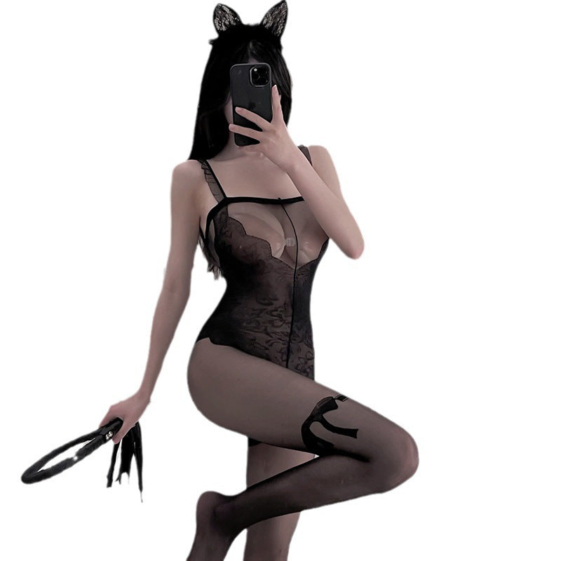 LS sexy lingerie black silk thin tube top sexy one-piece stockings open-end jumpsuit one-piece delivery