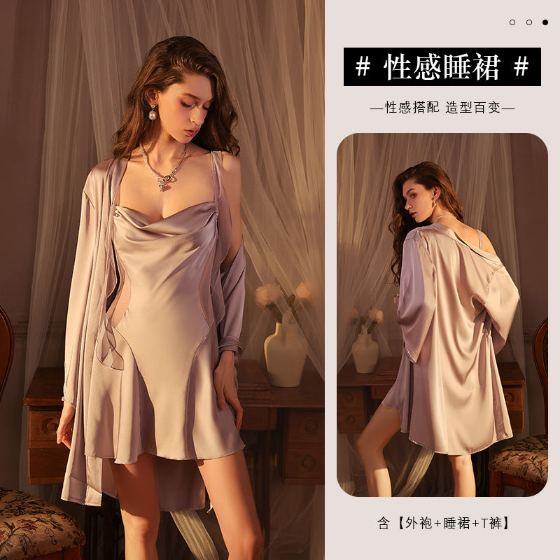Ying Sexy Satin Sling Nightdress Skirt Collar Hollow Pure Backless Pajamas Ribbon Deep V Home Dress Nightdress for Women
