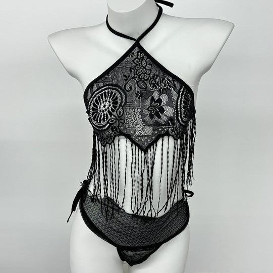 LS Sexy Lingerie Feminine Pure Desire Bellyband Tassel Open Crotch Temptation No-Take-Off Pajamas Three-Point See-Through Wear