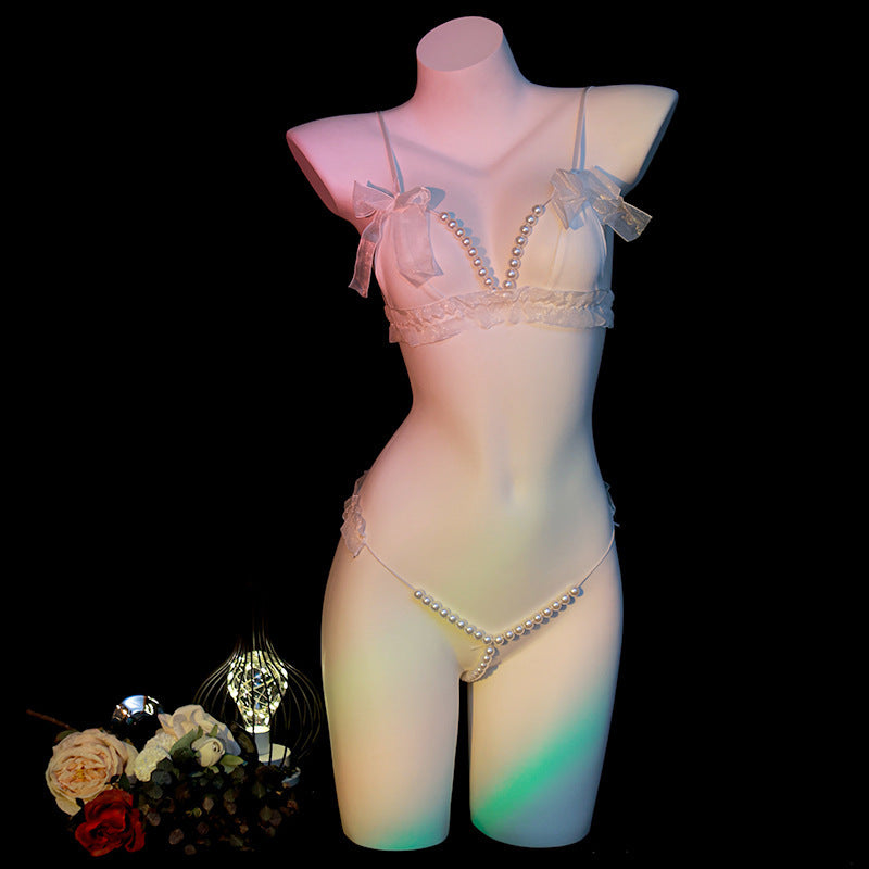 LS Sexy Lingerie Pearl Three-Point Set Bow Bra Thong Set 8686