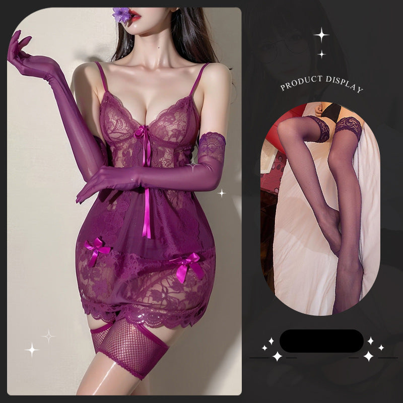 LS Sexy Lingerie Pure Desire Sexy Lace Teasing Transparent Pajamas Temptation Lace Uniform No-Take-Off Nightgown