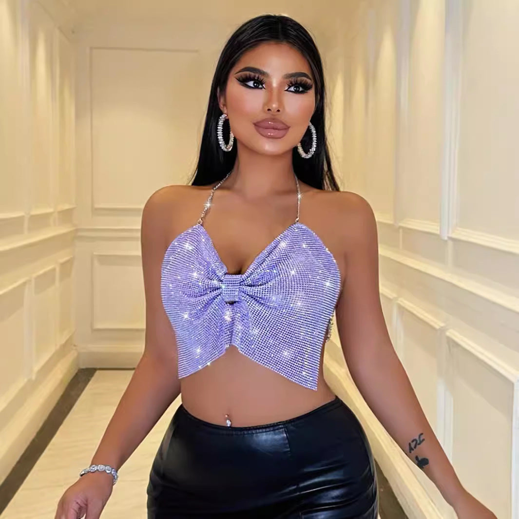 European and American Nightclub Cross-Border Halloween Sexy Nightclub Halter Backless Tube Top Metal Sequin Camisole Top