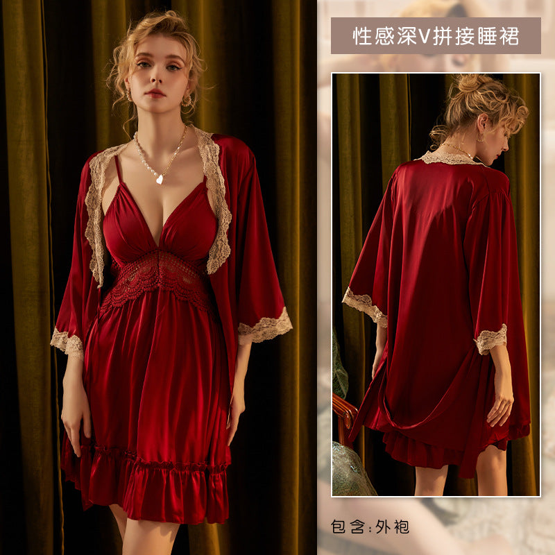 3067 Ying Sexy Pajamas Women's Summer Light Luxury Ice Silk Home Clothes with Chest Pad Sling Nightgown Pure Desire Set