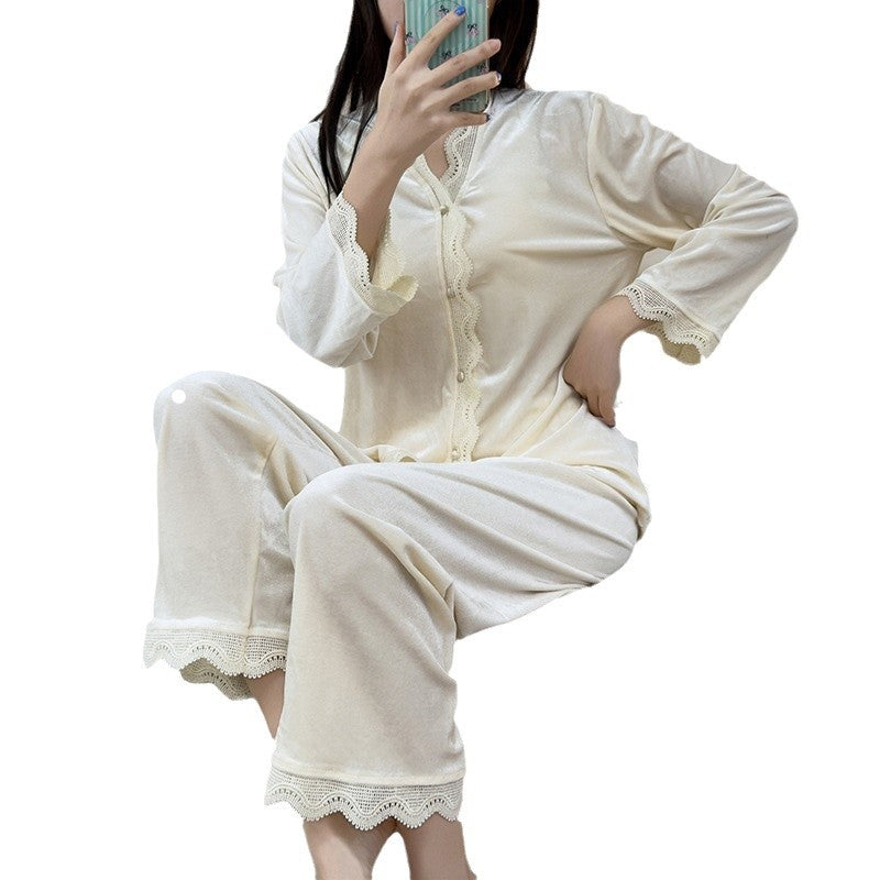 Hin Ying Velvet Pajamas Autumn and Winter Women's Lace Cardigan Long-Sleeved suit Sexy Elegant Outwear plus size Home Clothes