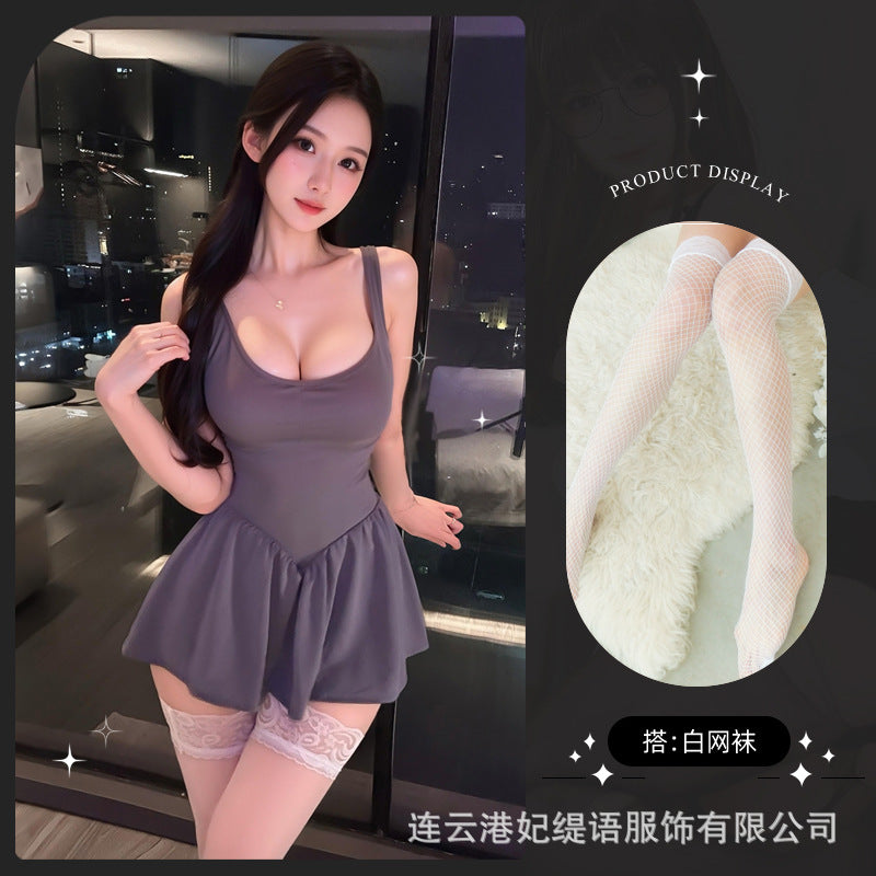 LS Sexy Perspective Sex Nightgown Cute Little Woman Pure Desire Sling Pajamas Backless Sex Underwear