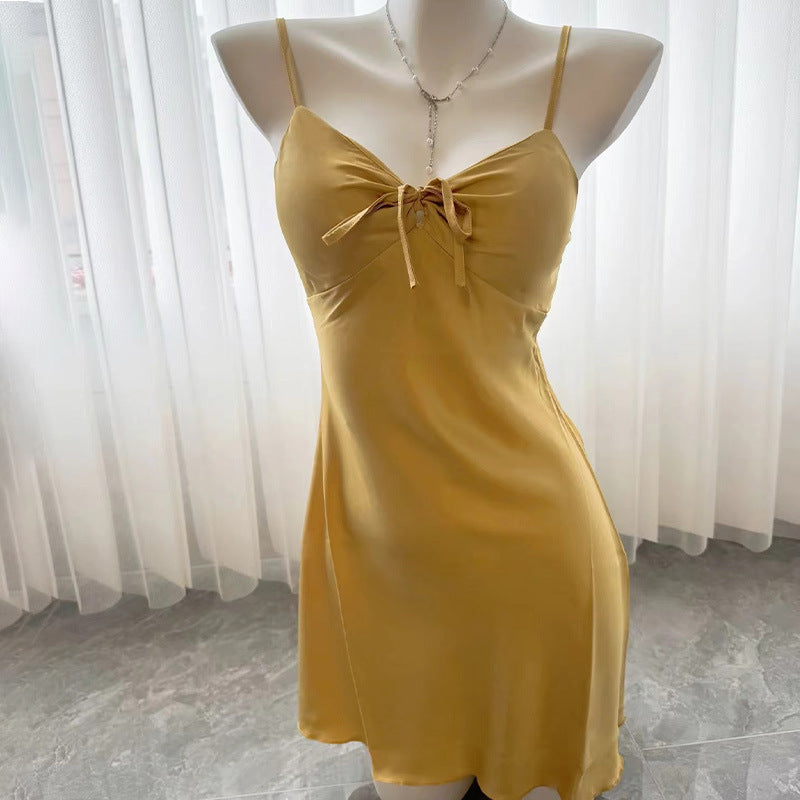 Sexy Pajamas Women's Pure Backless Ice Silk Sling Chest Pad Nightdress Fairy Style Fashion Home Clothes Can Wear plus size
