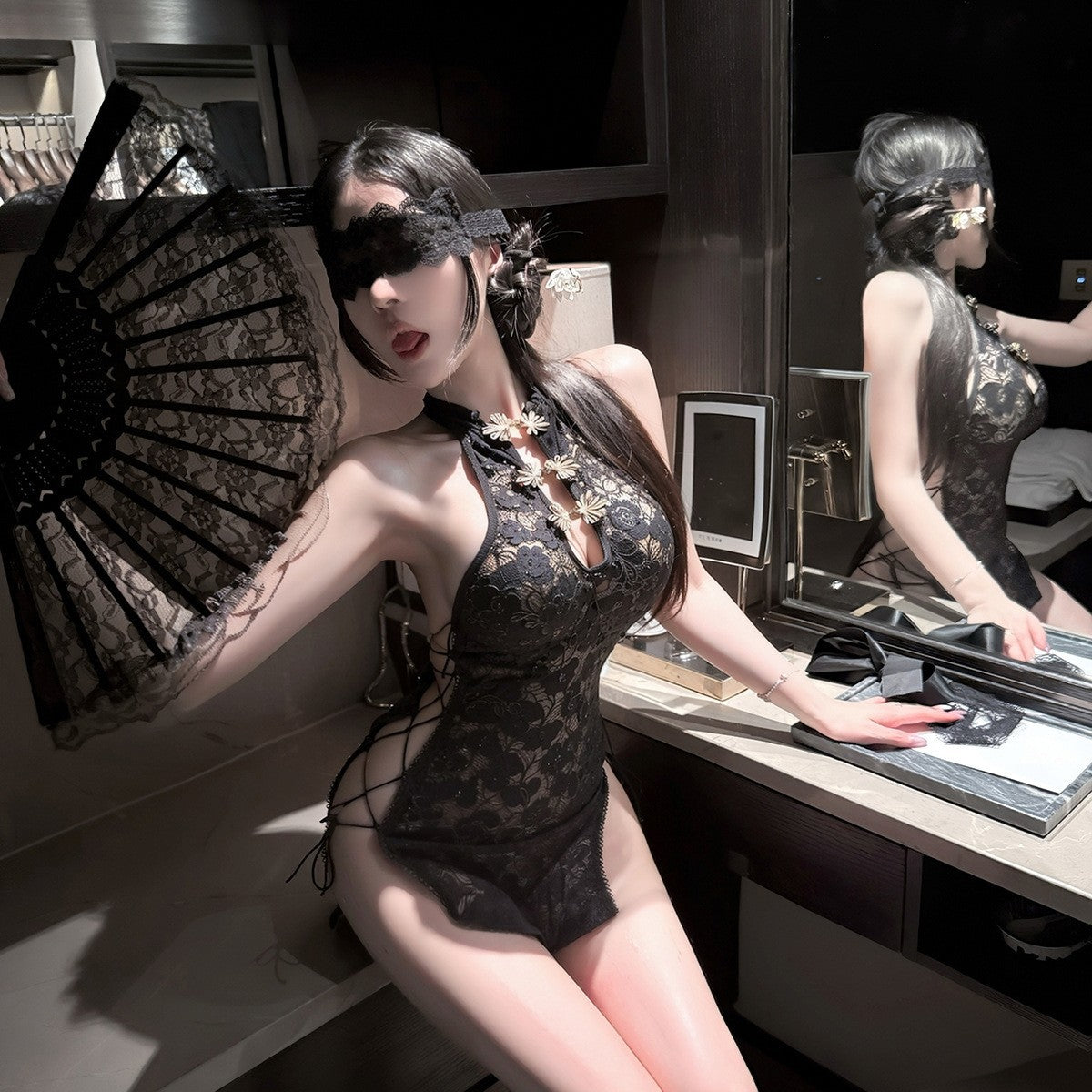 LS Sexy Lingerie Intertwined Cheongsam Style Backless Pearl Sexy Hot Passionate Lingerie Set