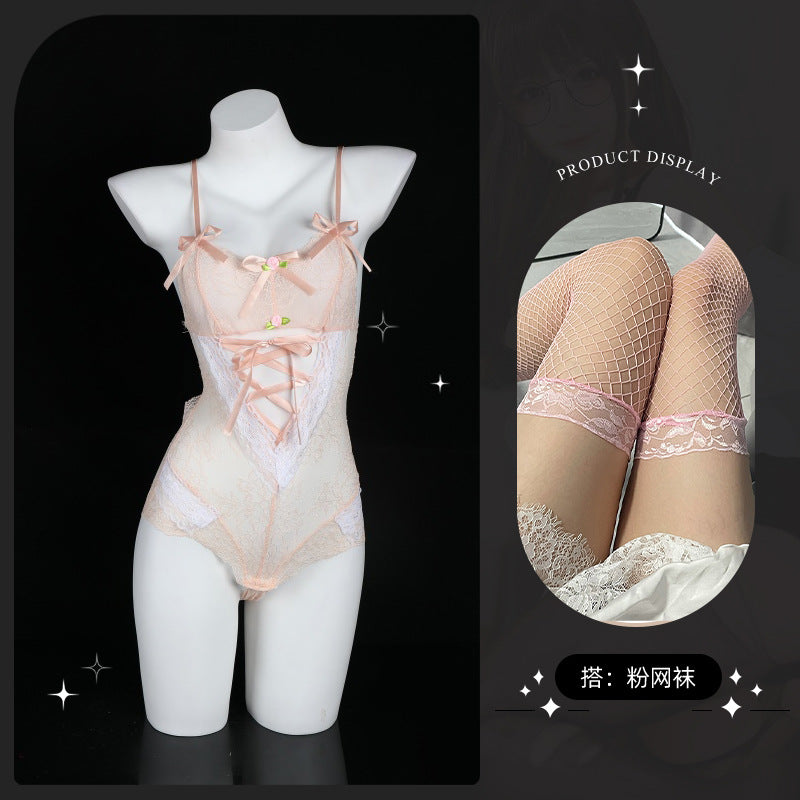 LS Sexy Lingerie Strap Sexy Maid Uniform Temptation No-Remove Small Chest Lace One-Piece Open Crotch 8040