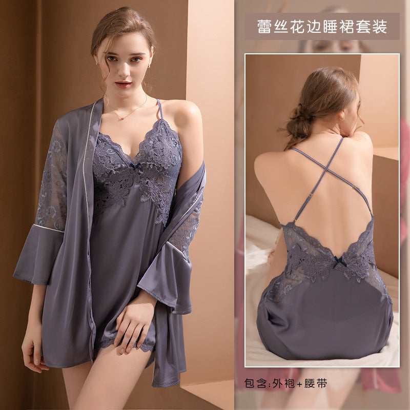 Sexy pajamas women with chest pad lace suspenders Ice Silk large size can be worn outside X nightgown set manufacturers wholesale generation