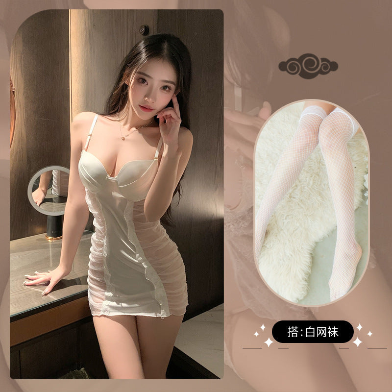 LS Sexy Lingerie Sexy Deep V Wrinkle Mesh Perspective Temptation Hot Suspender Nightgown Set 8211