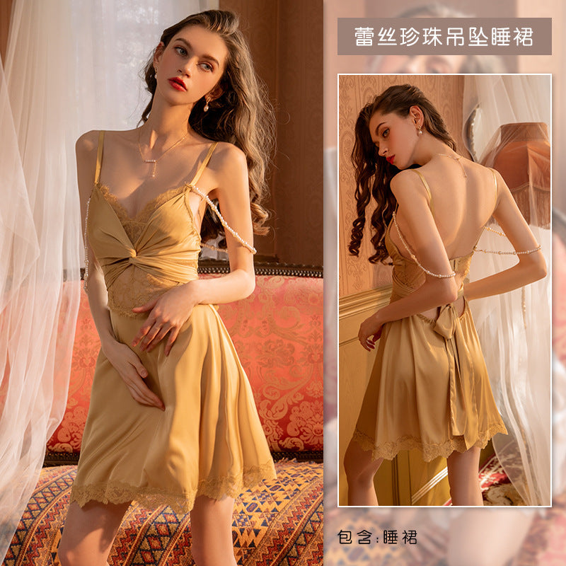 Ying women's home wear sexy pure desire plus size pajamas women's pearl lace satin couple suit factory direct sales