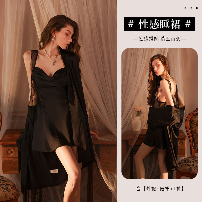 Ying Sexy Satin Sling Nightdress Skirt Collar Hollow Pure Backless Pajamas Ribbon Deep V Home Dress Nightdress for Women