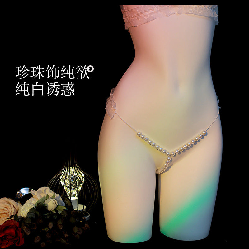 LS Sexy Lingerie Pearl Three-Point Set Bow Bra Thong Set 8686