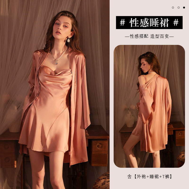 Ying Sexy Satin Sling Nightdress Skirt Collar Hollow Pure Backless Pajamas Ribbon Deep V Home Dress Nightdress for Women