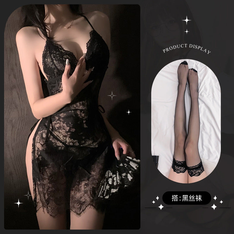 LS Sexy Mesh Pajamas Transparent Sexy Suspender Nightgown Lace Pure Desire Temptation Small Breast Sexy Pajamas