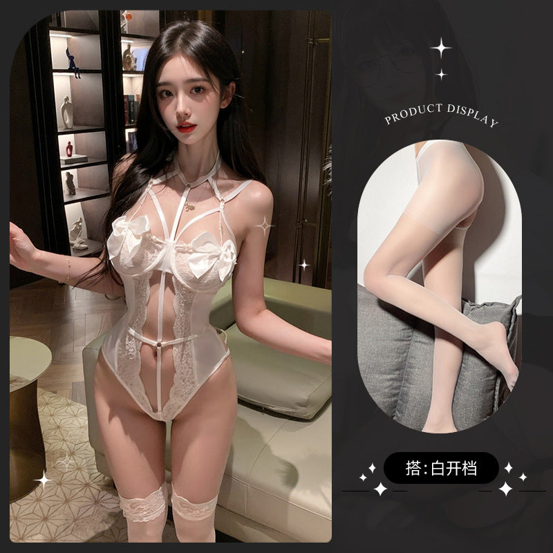 LS Sexy Lingerie for Women Pure Desire Sexy Royal Sister Temptation Lace Hollow Perspective No-Take-Off Push-Up Jumpsuit