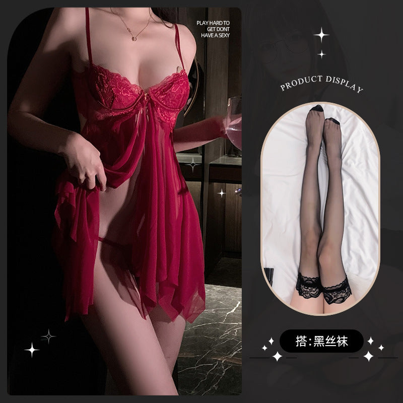 LS Sexy Lingerie Sexy Uniform Temptation Pajamas Pure Desire Small Breasts Show Big Transparent Lace Nightgown 8021