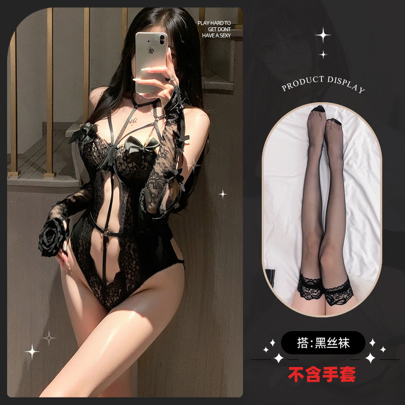 LS Sexy Lingerie for Women Pure Desire Sexy Royal Sister Temptation Lace Hollow Perspective No-Take-Off Push-Up Jumpsuit