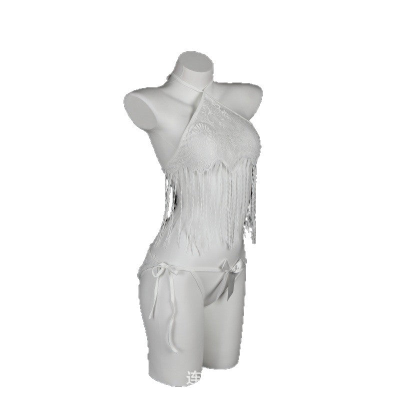 LS Sexy Lingerie Feminine Pure Desire Bellyband Tassel Open Crotch Temptation No-Take-Off Pajamas Three-Point See-Through Wear