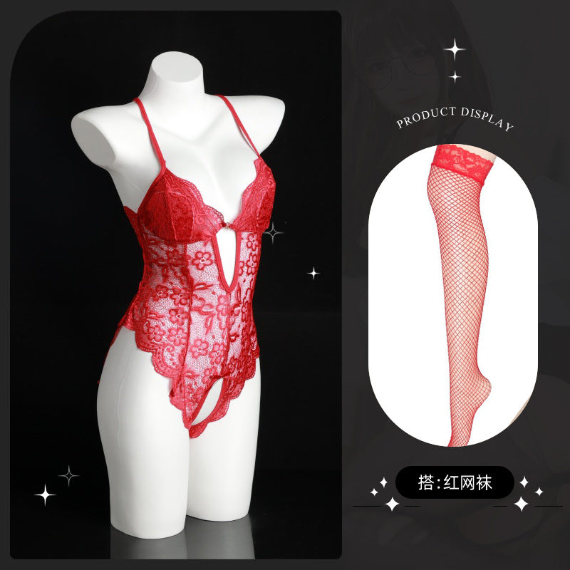 LS Sexy Lingerie Sexy Lace Passion Temptation Open File One-Piece Hot See-Through Pajamas No Need to Take Off 8842