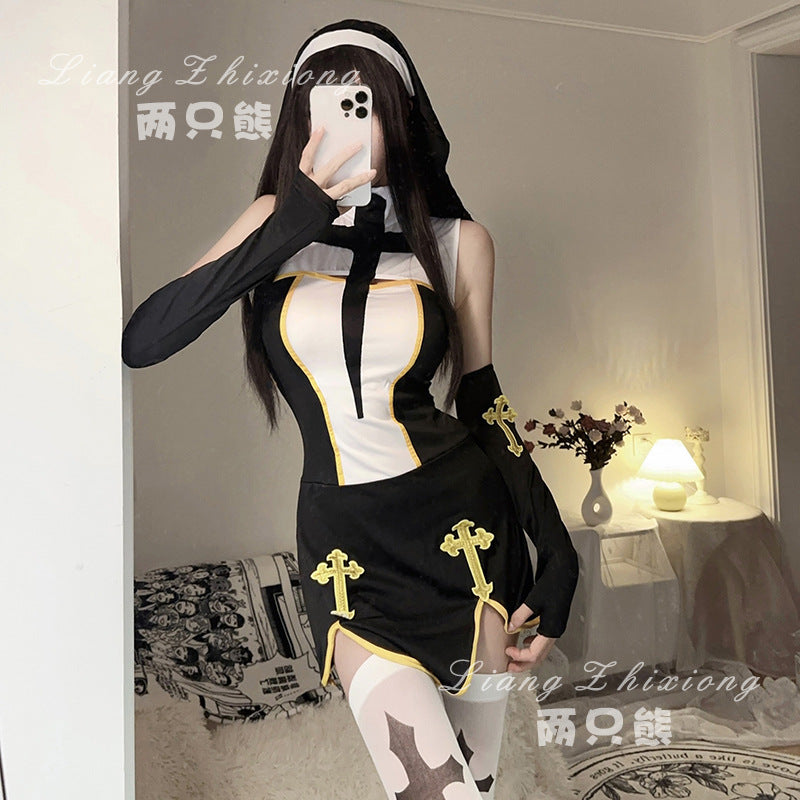 Halloween Costume Sex Game Uniform Cosplay Nun Costume Black and White Women's Dress Stage Performance Clothes