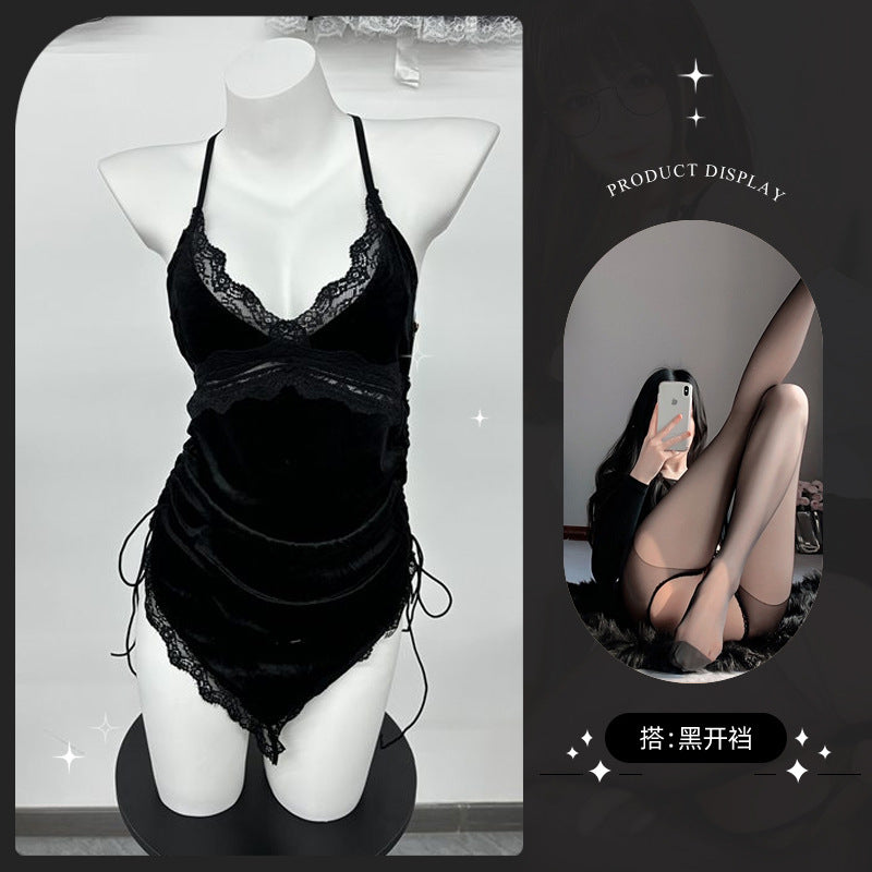 LS Retro French Sexy Lace Pajamas Women's Low Cut Pure Desire Velvet Backless Suspender Nightgown 8349