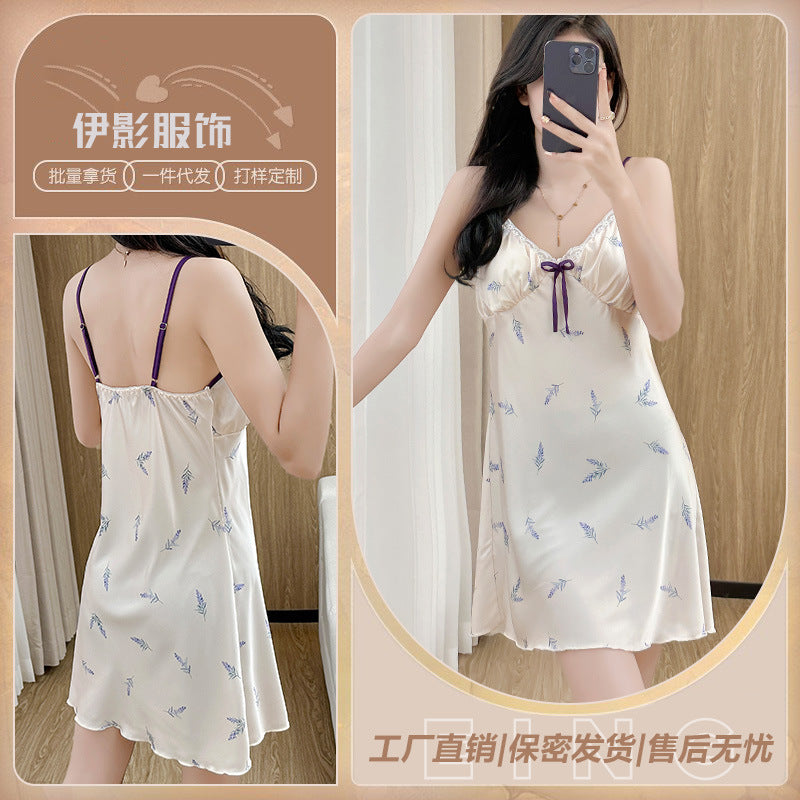 Xin Ying New Style Pajamas Women's Summer Silk-like Thin Nightgown Spring and Autumn Ice Silk High-end Casual Home Clothes