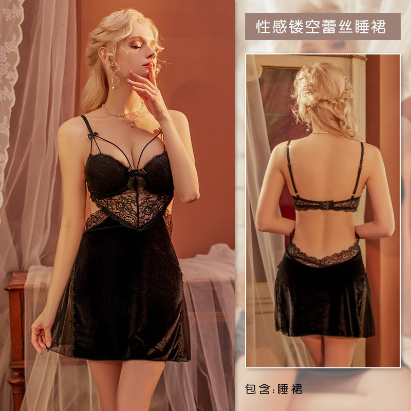 3061 Ying sexy gold velvet nightdress women's winter with chest cotton small chest gathered lace sling Women's Home suit