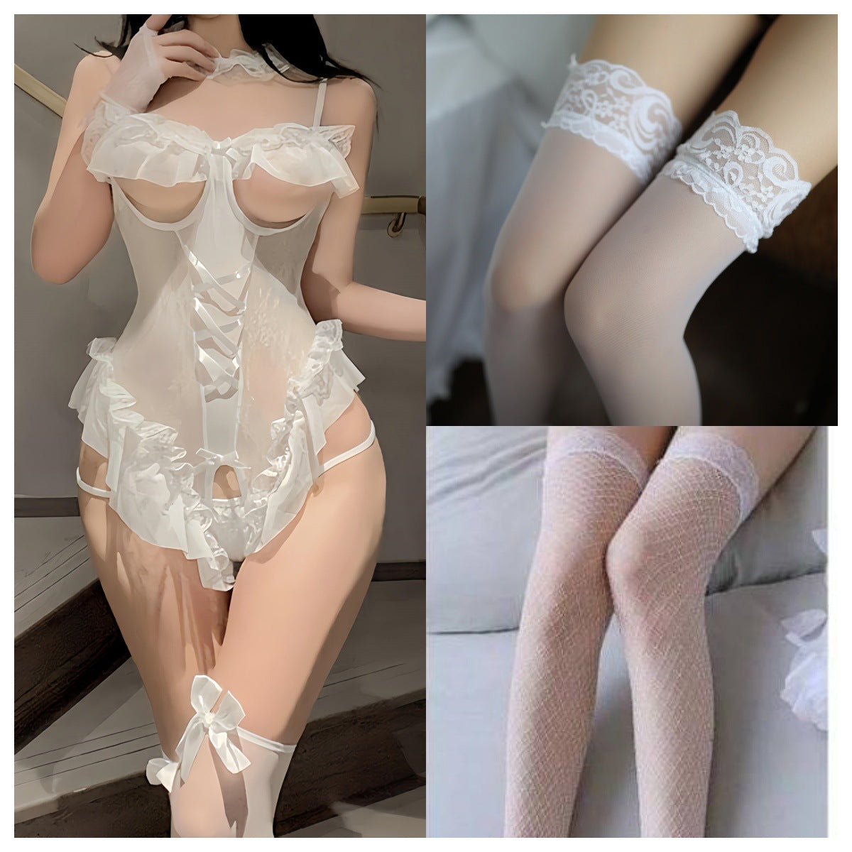 2025 New Sexy Lingerie Sexy Tight Free Pure Bunny Uniform suit Lotus Lace one-piece Women