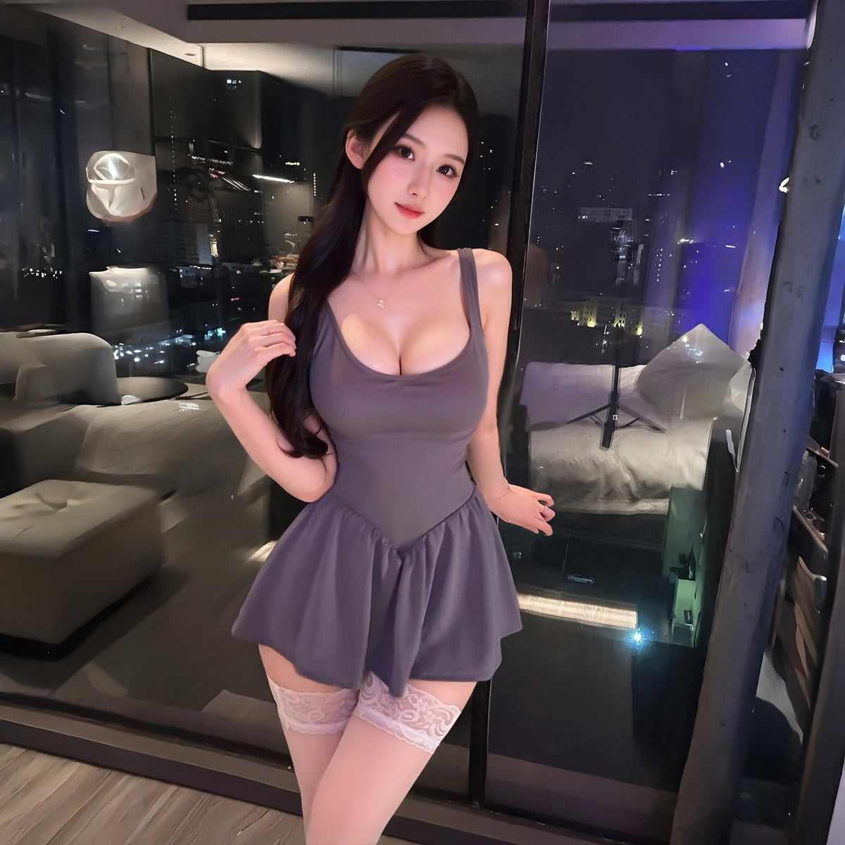 LS Sexy Perspective Sex Nightgown Cute Little Woman Pure Desire Sling Pajamas Backless Sex Underwear