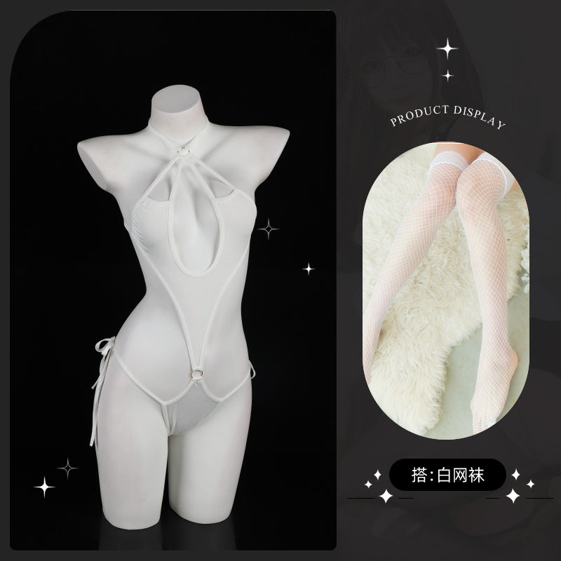 LS Sexy Underwear Lace Sexy Open Crotch No-Take Off See-Through Breast Exposing Three-Point Corset Jumpsuit 8903