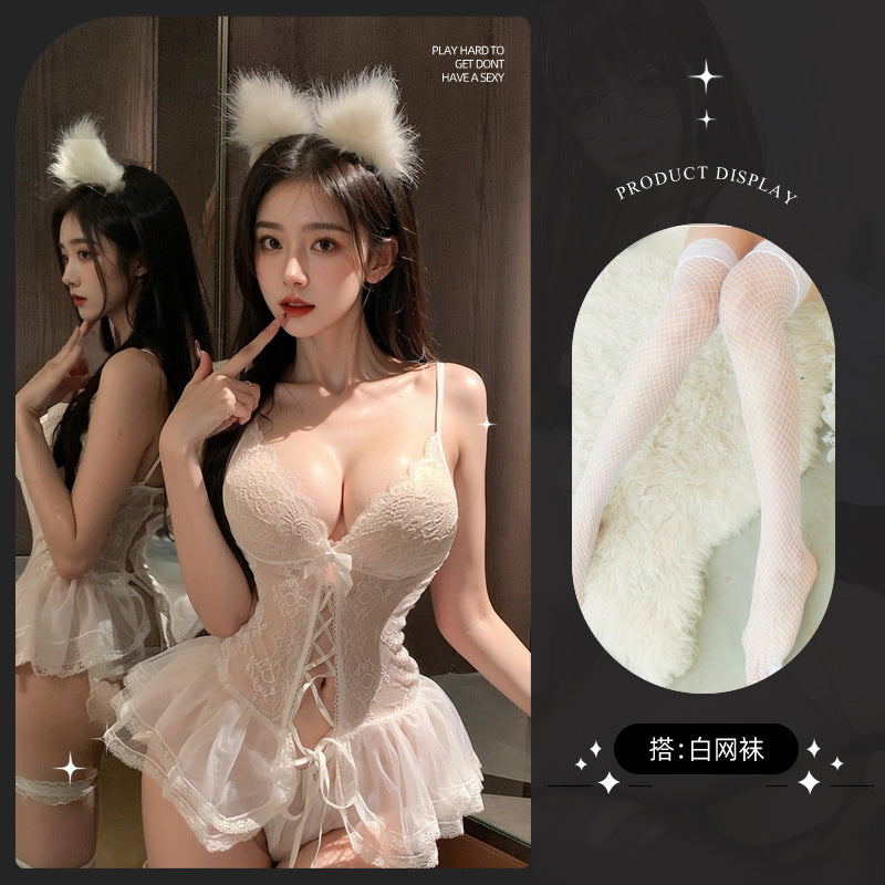 LS Sexy Underwear Women's Gather Mesh Nightdress Sexy Lace Sling Perspective Open Crotch suit 9155