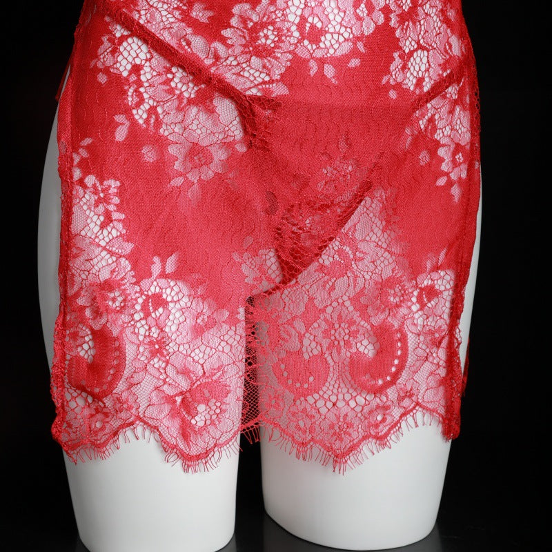 LS Sexy Lingerie Lace Cheongsam Hollow See-Through Temptation Slit Uniform Temptation Pajamas Set