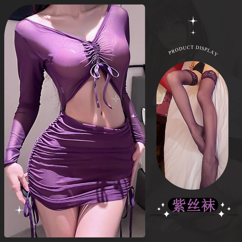 LS Sexy Lingerie Uniform Sexy Purple Mesh See-Through Qqny Pajamas Pure Desire Hip Skirt Women 8294