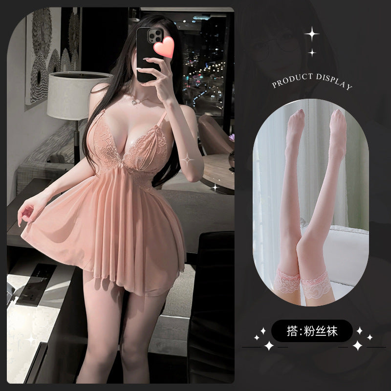 LS Sexy Lingerie Sexy Lace Temptation Nightgown Hot Transparent Open Pajamas No-Take-Off Pajamas 8327