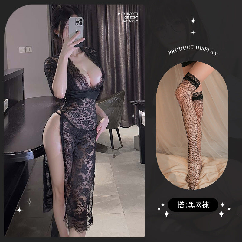 LS Sexy Lingerie Sexy Pure Desire Low-Cut Buttocks High Slit Temperament Slim Hot Girl Dress 8161