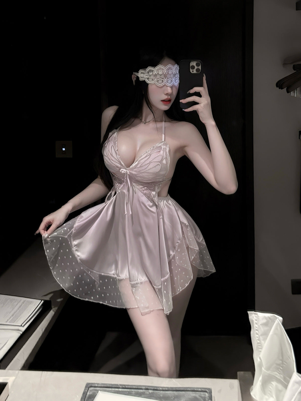 LS Sexy Lingerie Sexy Backless Home Clothes French Bow Push-Up Breast Pad Temptation Home Nightgown