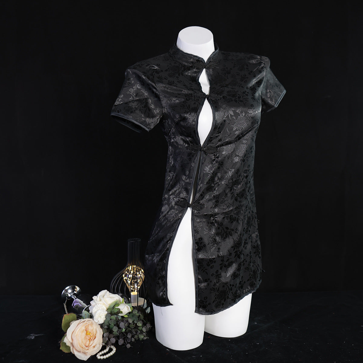 LS Sexy Retro Printed Cheongsam Pajamas Slim Fit Hot High Cut Temptation Ancient Style Hip Covering Sexy Underwear