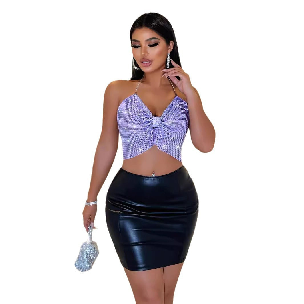 European and American Nightclub Cross-Border Halloween Sexy Nightclub Halter Backless Tube Top Metal Sequin Camisole Top