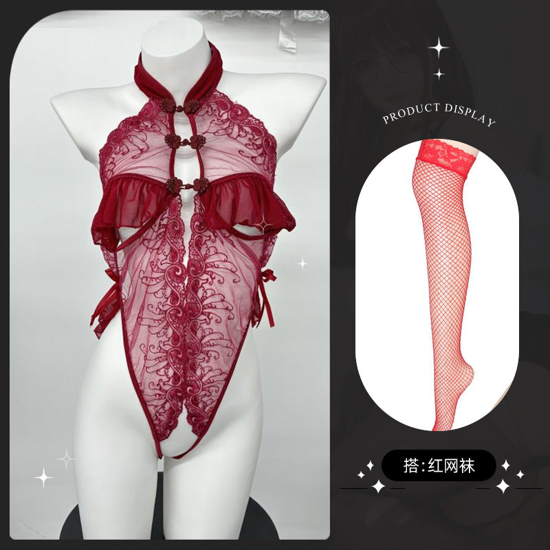LS Sexy Lingerie Sexy Cheongsam Lace Pure Desire Temptation Open Nightgown Sweet Backless Uniform 8138