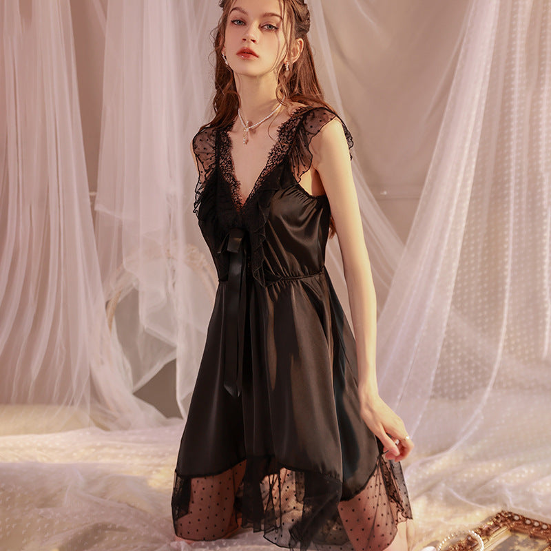 3074 Ying Sexy Pajamas Women's Summer Ice Silk Home Clothes Pure Desire Style Lace Temptation Sling Nightgown Set