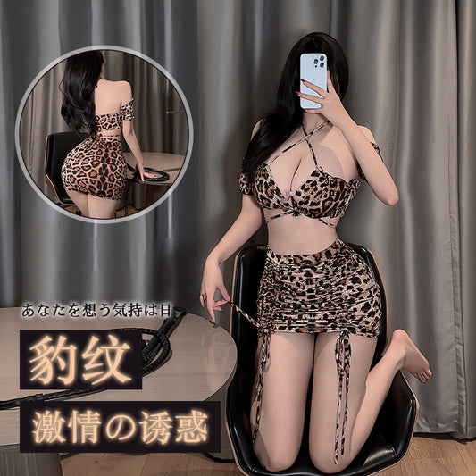 Ying Sexy Leopard Print Sex Suit Deep V Temptation Nightclub Drawstring Hip Skirt Role Playing Sex Suit Women