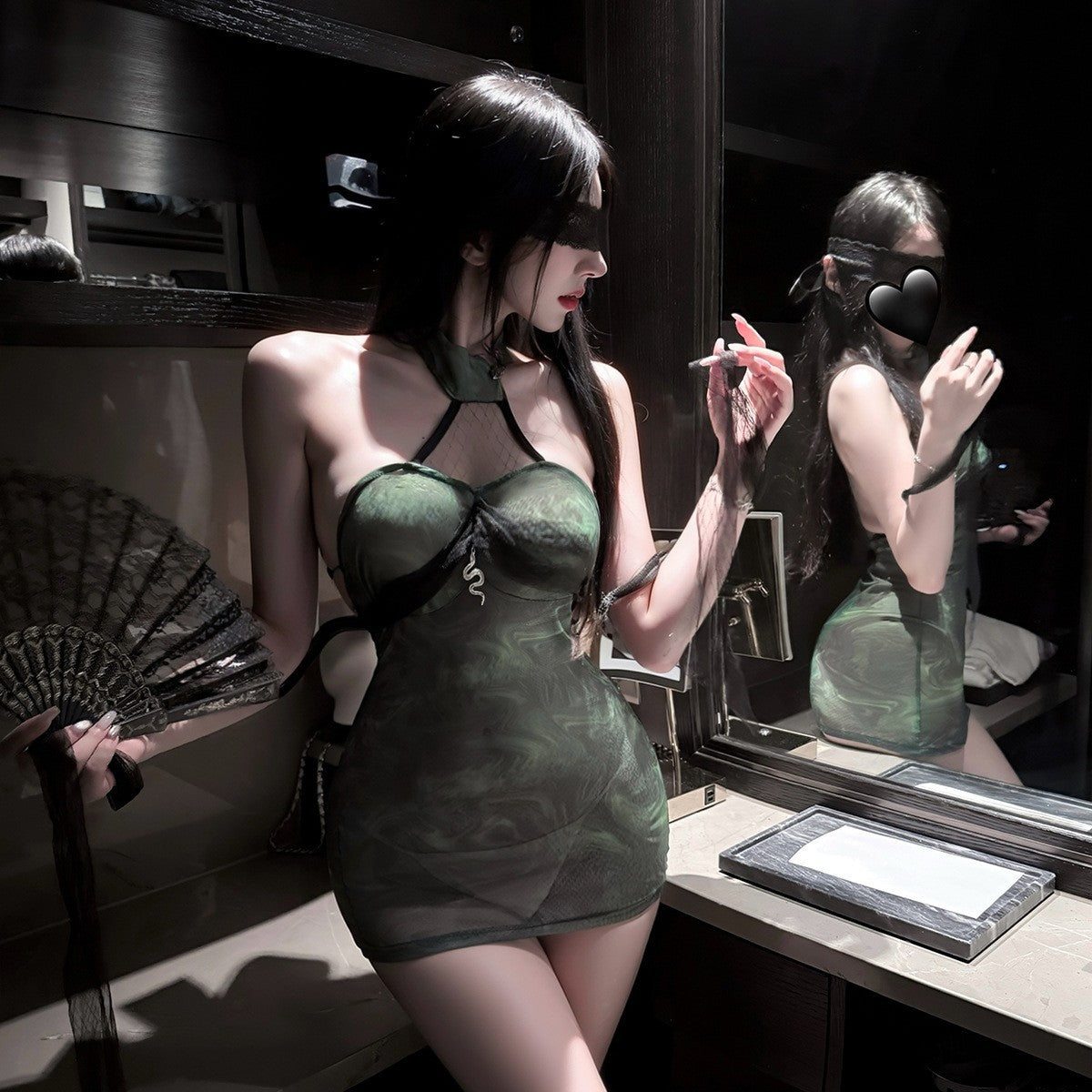 LS Sexy Lingerie Sexy Halter Cheongsam Perspective Green Snake Hip Skirt Uniform Temptation Miniskirt 8185
