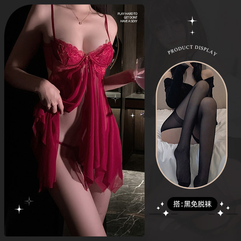 LS Sexy Lingerie Sexy Uniform Temptation Pajamas Pure Desire Small Breasts Show Big Transparent Lace Nightgown 8021