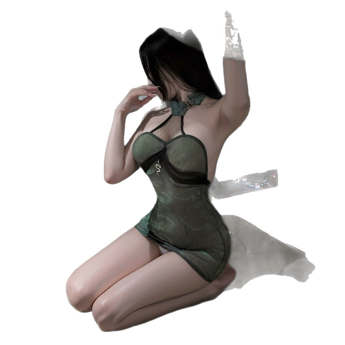 LS Sexy Lingerie Sexy Halter Cheongsam Perspective Green Snake Hip Skirt Uniform Temptation Miniskirt 8185