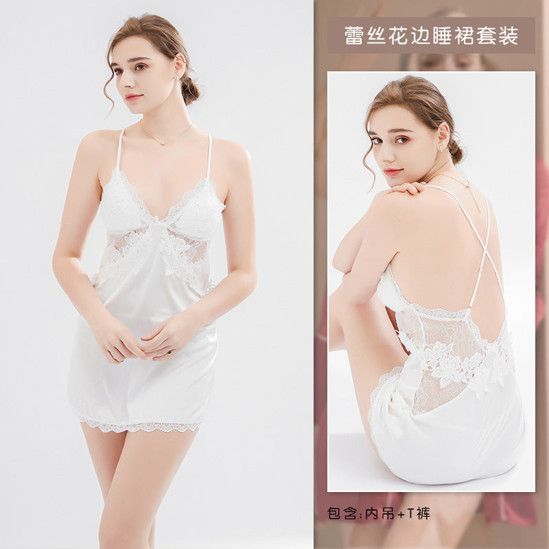 Sexy pajamas women with chest pad lace suspenders Ice Silk large size can be worn outside X nightgown set manufacturers wholesale generation