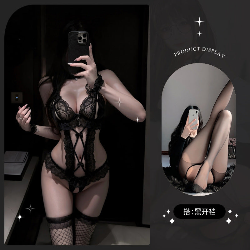 LS Sexy Lingerie Sexy Jumpsuit Pure Desire Lace Temptation Open Crotch Uniform Maid Outfit Flirting Pajamas