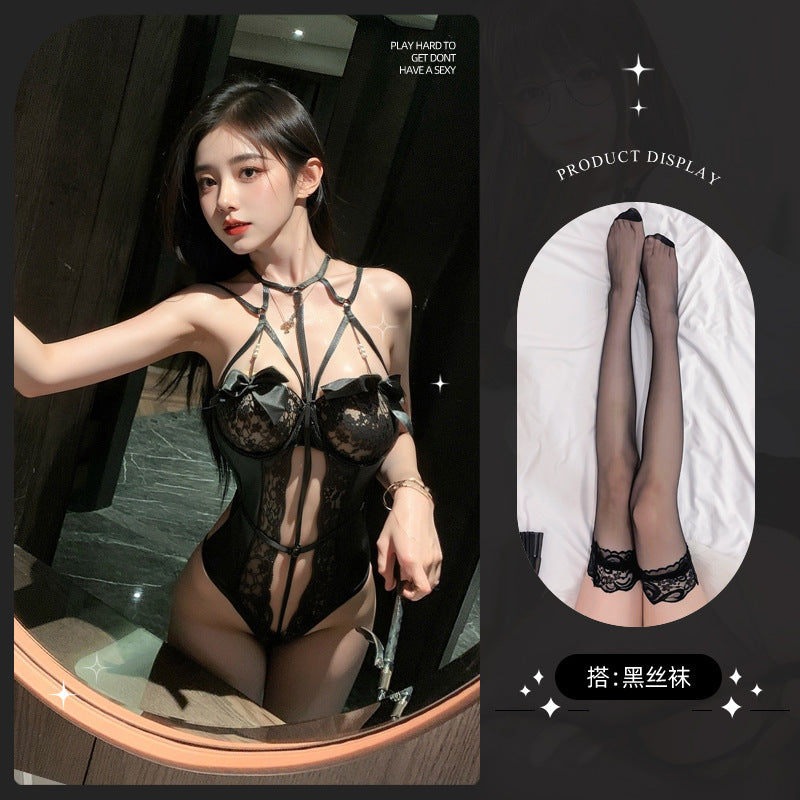 LS Sexy Lingerie Sexy Lace Temptation Jumpsuit Hot Hollow Out Uniform Pajamas 9271