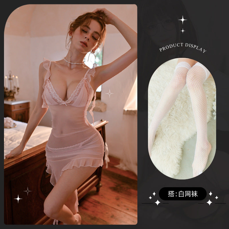 LS Sexy Pajamas Women's Lace Mesh Perspective Asymmetric Skirt Suspender Nightgown Thin Sexy Underwear